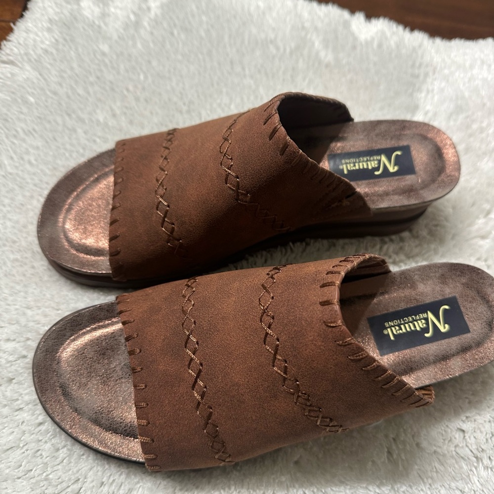 Natural Reflections Brown Slide Sandals Wedge
